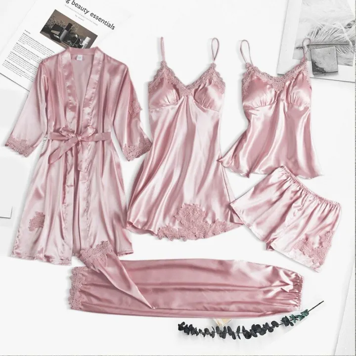 5pcs%20Silk%20Robe%20Set%20Women%20Lace%20Pajamas%20Gown%20Set%20V-Neck%20Nighties%20Wear%20Home%20Nightwear%20Pijama%20Sleepsuit%20Spring%20Nightdress%20-%20Image%205