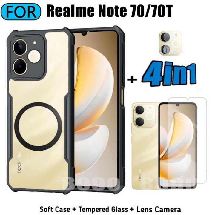 3 in 1 Realme Note 70T Acrylic Phone Case For Realme Note 70 Note 60 Note 50 Casing With Magnetic Wireless Charging Sticker +Full Coverage Tempered Glass Screen Protector