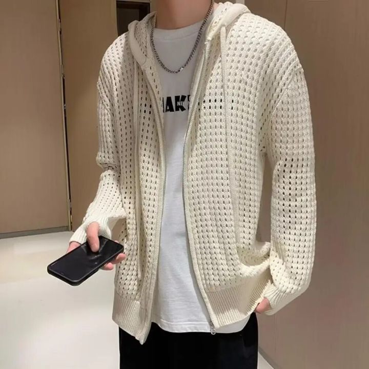 Men Sweater Long Sleeve Zipper Closure Solid Hollow-out Super Soft Men Hooded Sweater Coat Autumn Cardigan Gift for Student