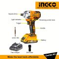 INGCO Cordless 2 Pcs Combo Kit Including 1pcs 20V 300Nm Brushless Lithium-ion Impact Wrench(CIWLI2038) ,1pcs Work Lamp,2 Pcs 2.0Ah Battery Pack,1 Pcs Charger and  Accessories(HWLI35261). 