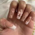 24Pcs Pink Bow Press on Nails 3D Flower with Pearl Design Acrylic Nails Ballerina Full Cover French False Nail Tips for Women. 
