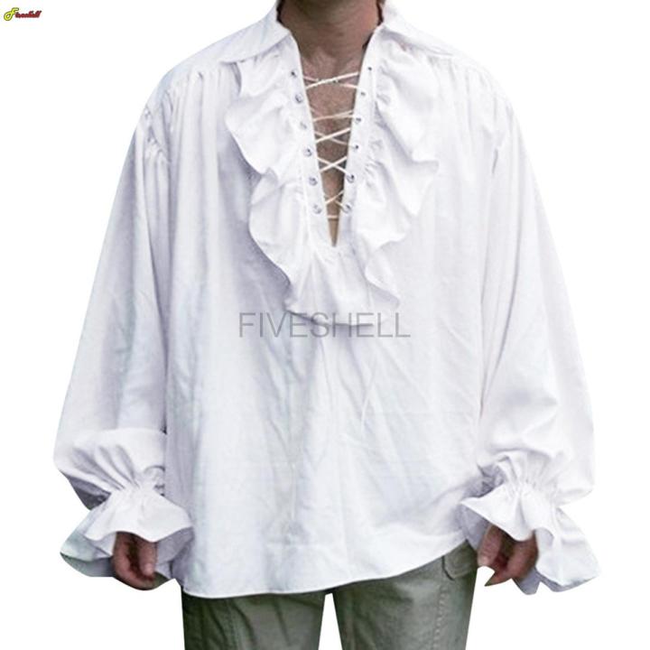 Medieval Mens Renaissance Costume Ruffled Shirts Long Sleeve Lace