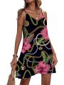 2023 Summer Tropical Floral Print Women Dresses V-Neck Spaghetti Strap Mini Dress Hawaiian Party Beach Sleeveless Sundress.