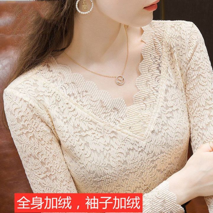 Women's%20Lace%20Bottoming%20Shirt2023Spring%20Slim%20Fit%20Inner%20Wear%20Small%20Shirt%20with%20Lace%20plus%20Velvet%20off-Shoulderv-Neck%20Top%20-%20Image%204