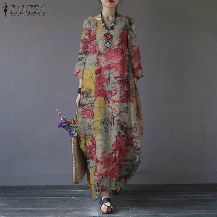 Vintage%20Women%20Sundress%20ZANZEA%20Casual%20Long%20Sleeve%20Printed%20Maxi%20Long%20Dress%20Kaftan%20Female%20Baggy%20Floral%20Vestidos%20Dresses%20House%20Foocus%20-%20Image%204