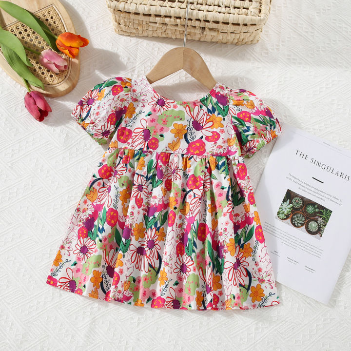 Summer%20new%20Baby%20Girls%20Dress%20Bow%20Puffy%20Sleeve%20Flower%20Hand-painted%20Wind%20Sweet%20Princess%20Dress%20Birthday%20Party%20Dress%20(0-3%20years)%20-%20Image%202