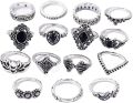 15 Pcs/Set Bohemian Retro Crystal Flower Leaves Hollow Lotus Gem Silver Ring Set - Ring For Girls. 