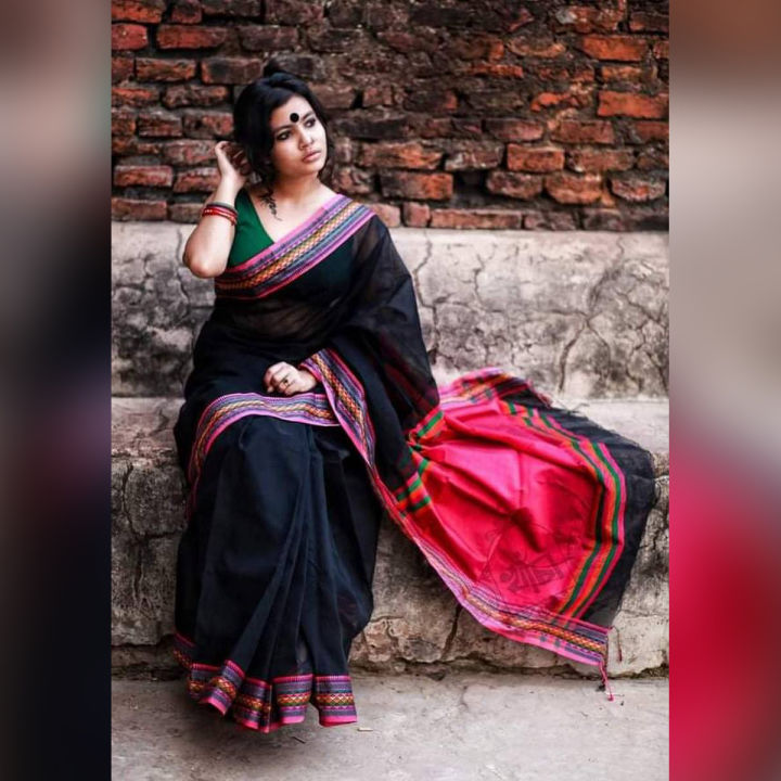 Eye Catching Design Rich Febris Multicolor Half Silk Nokshi Paar (হাফ সিল্ক নকশি পাড়) Saree With Running Blouse Piece For Women