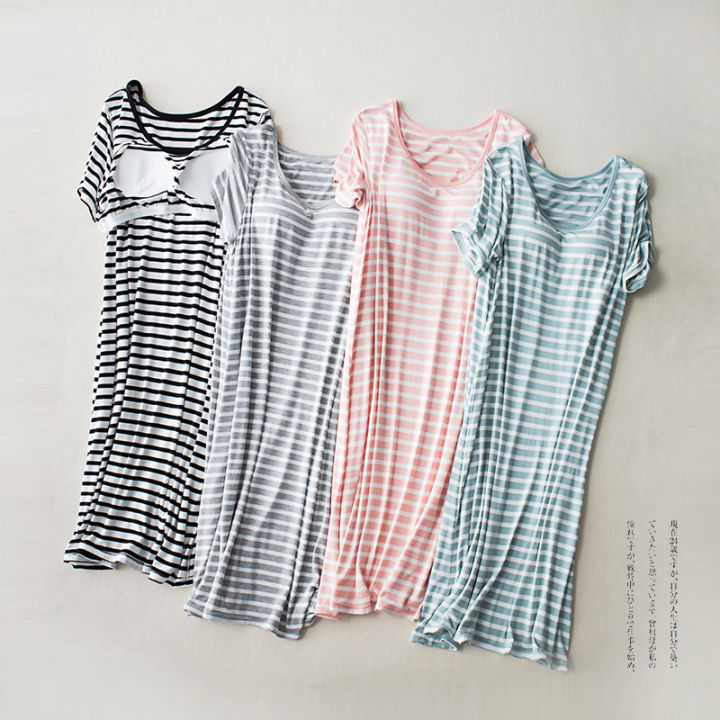 modal short sleeve long skirt pajamas with bra pads striped loose thin plus size home dress women's summer home