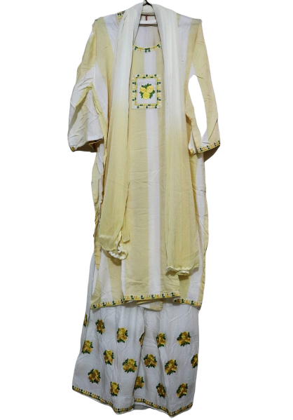 Indian Ladies cotton 3 pcs - Delhi dresses -  soft Georgette dupatta, Plazzo style selware, embroidered work