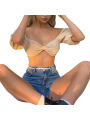 Women off Shoulder Tops Charming Solid Color Short Puff Sleeve Bowknot Slim Fit Summer Crop Tops.