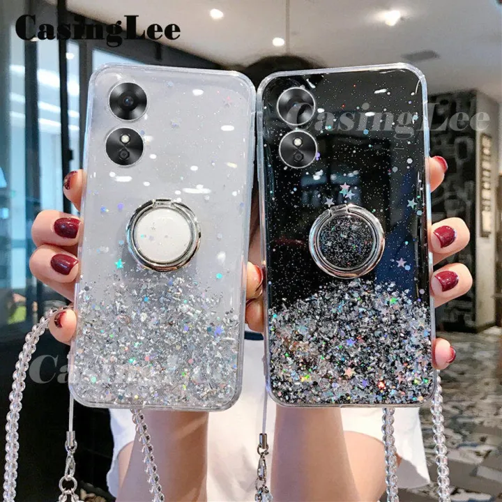 For Realme C33 Case Shiny Ring Glitter Soft Transparent Holder Stand Back Cover with String Casing for Realme C33 Phone Cases Cover Stars Moon Girls