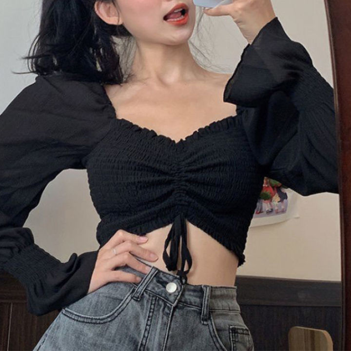 Women%20Smocked%20Crop%20Tops,%20Long%20Puff%20Sleeve%20Off%20Shoulder%20Solid%20Color%20Drawstring%20Shirts%20-%20Image%203