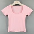 Women's New Short Midriff Outfit Slim-Fit Sexy Figure Flattering T T-shirt Low-Cut Square Collar Show Chest Large Upper Garment. 