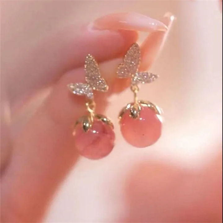Pink Female Butterfly Earrings Fashion Versatile Korean Temperament Women's Long Earrings Female Cute Drop Earrings for Girls