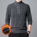New Fashion Men's Fall Winter Snow Cloth Imitation Mink Velvet Half-zip Pullover Sweater Mens Half-turtleneck Plaid Knit Sweater. 