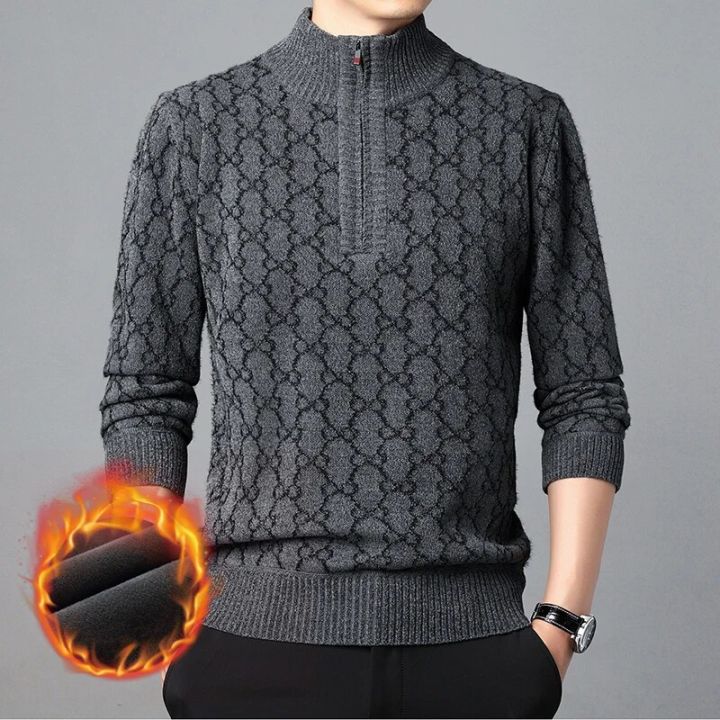 New%20Fashion%20Men's%20Fall%20Winter%20Snow%20Cloth%20Imitation%20Mink%20Velvet%20Half-zip%20Pullover%20Sweater%20Mens%20Half-turtleneck%20Plaid%20Knit%20Sweater%20-%20Image%202