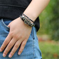 Black Braided Men Leather Bracelet Stainless Steel Magnetic Buckle.