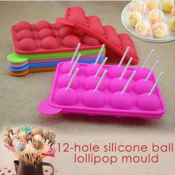 12 Holes Round Ball Lollipop Mold Bakery Silicone Mold Non-stick Dome Chocolate Cake Mould With Sticks for Candy Ice DIY Maker