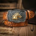 Western Cowboy Leather Buckle Belts Horse Pattern Floral Engraved Buckle Belt for Men.