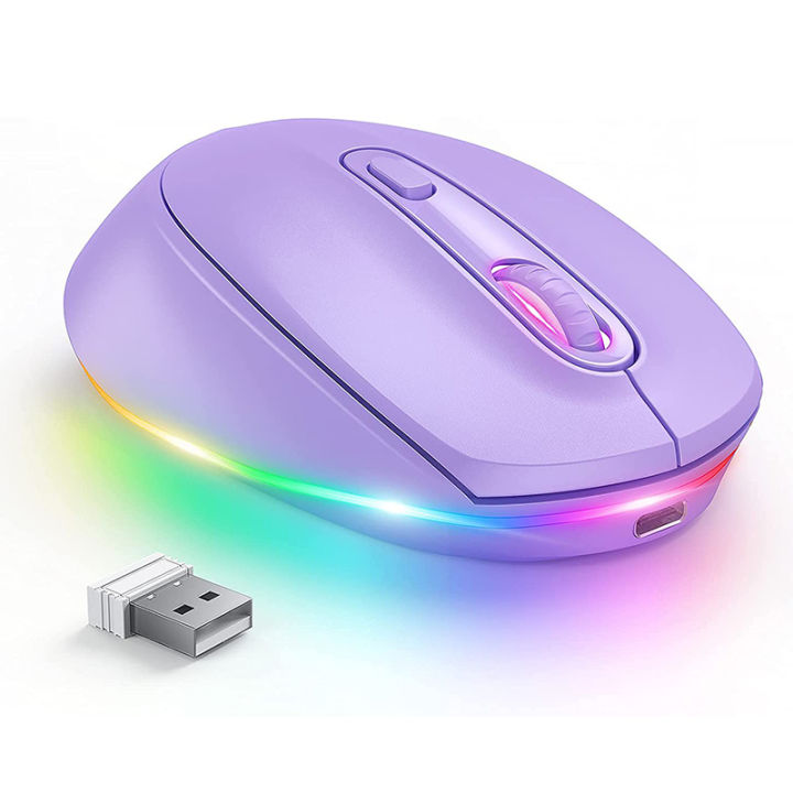 BOW Purple Wireless Mouse Rechargeable Mouse for Laptop Small Cordless Mice Quiet Click LED Rainbow Lights for Computer