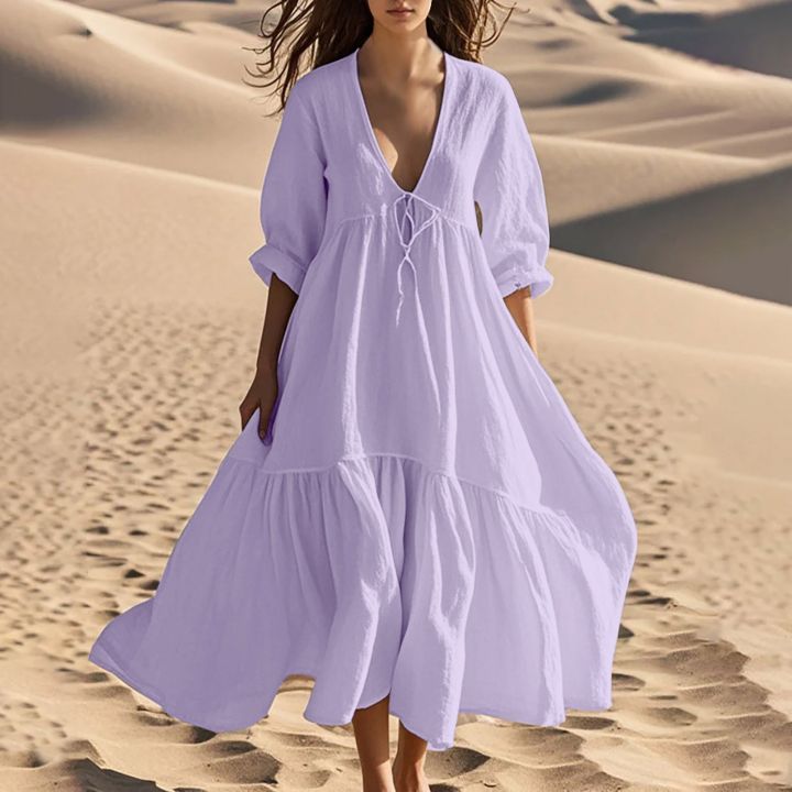 Stylish%20Tiered%20Cotton%20Linen%20Midi%20to%20Maxi%20Tunic%20Dress%20for%20Women%20-%20Image%202