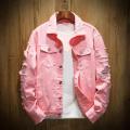 New 2024 Men's Fashion Jeans Jacket Solid Spring Autumn Cotton Denim Jacket Men White Black Pink Ripped Hole Jean Coats Male. 