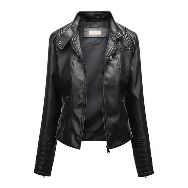 Women%20Faux%20Leather%20Jacket%20Stylish%20Women's%20Slim%20Fit%20Faux%20Leather%20Jacket%20with%20Stand%20Collar%20Long%20Sleeves%20Zipper%20Placket%20for%20Thin%20-%20Image%205