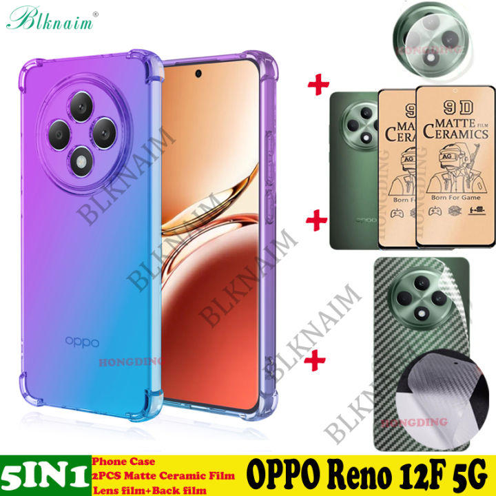 BLKNAIM 5-in-1 NEW For OPPO Reno 12F case Anti-fall Color phone case +2PCS Matte Ceramic Film +Carbon Fiber Back Film +Lens Film