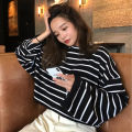 Black and White Striped Long Sleeve T T-shirt Female Student Base T T-shirt Women's Striped New Blended Cotton Korean Style Loose round Neck All-Matching.
