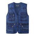 Men's Denim Vest Jacket Deep Blue Sleeveless Outerwear Waistcoat Multi-pocket Trucker Biker Jeans Sleeveless Jacket Gilet.