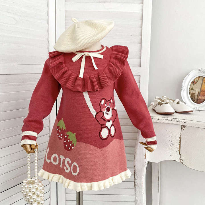 2024%20Autumn/Winter%20New%20Girls'%20Knitted%20Cute%20Pink%20Strawberry%20Bear%20Baby%20Girl%20Warm%20Pure%20Cotton%20Pullover%20Dress%20-%20Image%202
