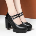 Spring Vintage Soft Leather Mary Jane Women's Platform Shoes 2024 Block High Heel Comfort Office Model Mom Single Shoes. 