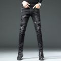 Spring Autumn Boyfriend Long Skinny Jeans Man Korean Fashion Designer Kpop Punk Star Print Denim Luxury Stretch Tight Pants Men.