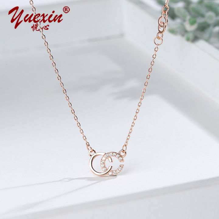 s925 sterling silver double C necklace women's lock rose gold Japanese and Korean version bone chain zircon, net red temperament necklace necklace with zircon