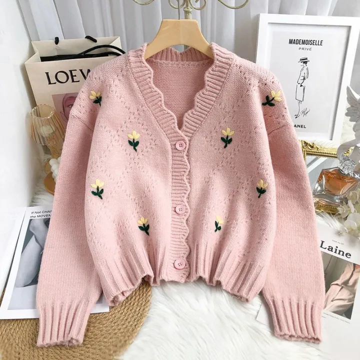 Spring%20and%20Autumn%20New%20Slimming%20Younger%20Fashion%20Embroidered%20Flower%20Long%20Sleeve%20Short%20Knitted%20Sweater%20Cardigan%20Coat%20Women's%20Clothing%20-%20Image%203