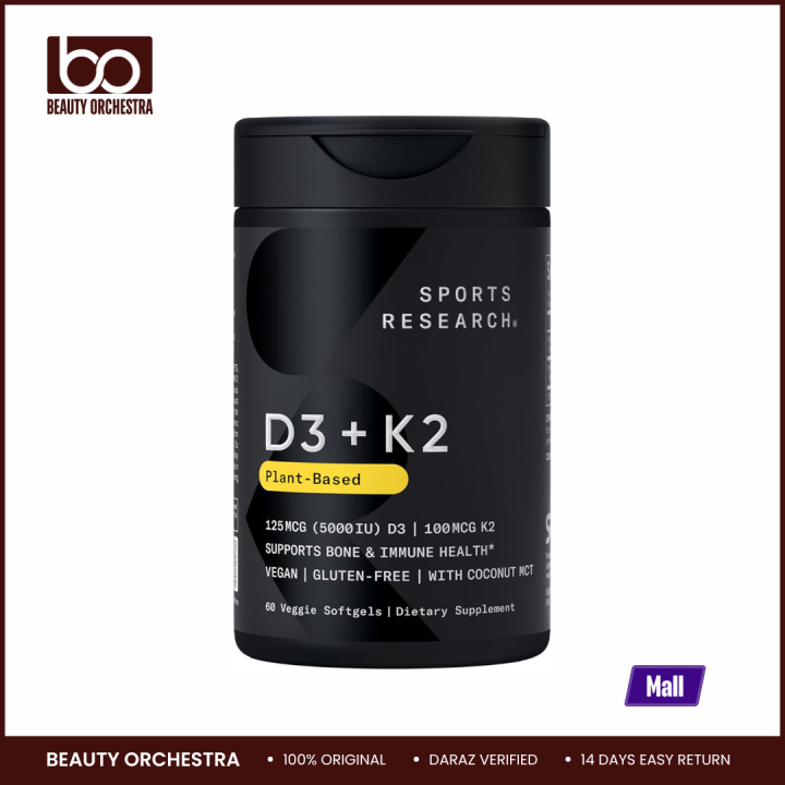 Sports Research® Vitamin D3 + K2 w/ Coconut Oil - Vegan Vitamin D 5000iu & Mk7 Vitamin K 100mcg for Bone & Immune Support - 60 Softgels