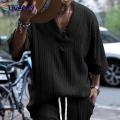 Men Top Men's Retro Applique V Neck Half Sleeve Loose Fit T-shirt Soft Breathable Sports Casual Tee Polyester Half-sleeve Shirt.
