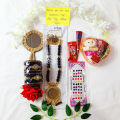 Saree Combo Gift Set - Which Contains Saree Necklace Earrings Bangles Mehedi Mirror Kitkat Tip Love Chocolate Box with Doll Rose Gazra Chirkut and More. 