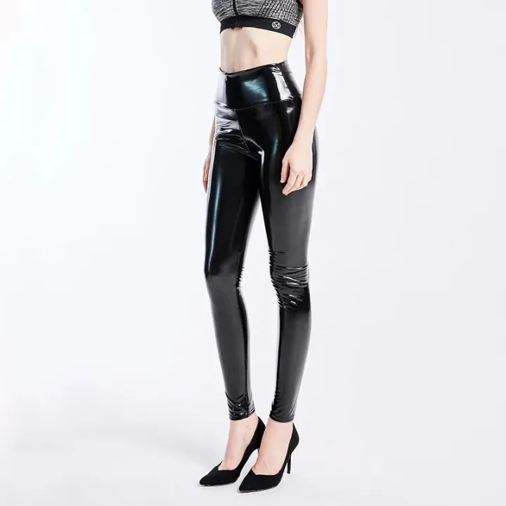Women Black Leggings High Waist Elastic Pu Leather Skinny Pants Shiny Wet Look Metallic Latex Leggings Plus Size XXXL