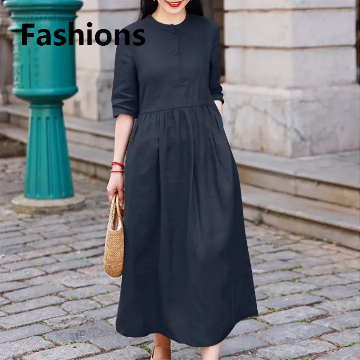 Fashions%20%E3%80%902025%20Version%E3%80%91%20ZANZEA%20Elegant%20Women%20OL%20Work%20Midi%20Dress%20Half%20Sleeve%20Sundress%20Solid%20Pleated%20A-line%20Vestidos%20O%20Neck%20Casual%20Buttons%20Up%20Robe%20-%20Image%207