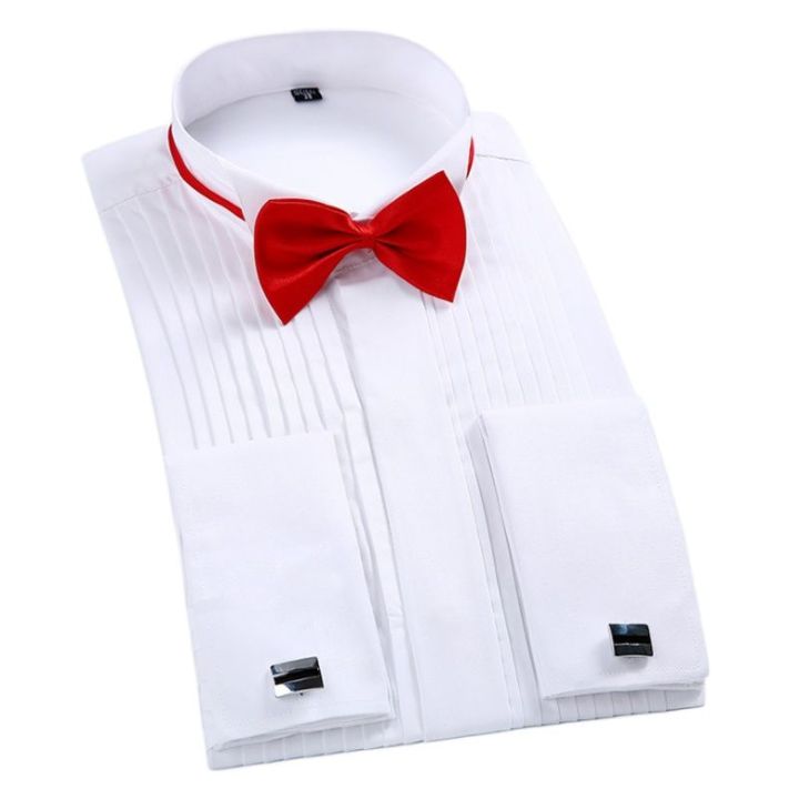 Classic Winged Collar Dress Shirt Men's Wingtip Tuxedo Formal Shirts with Red Black Bow Tie Party Dinner Wedding Tops
