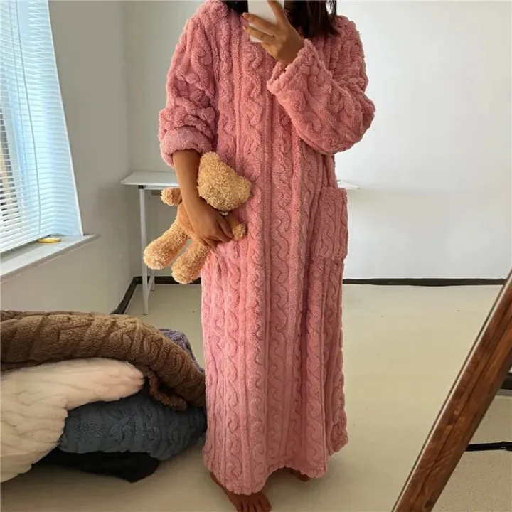 2023%20Winter%20Women%20Home%20Clothes%20Jacquard%20Dress%20Flannel%20Sleepwear%20Night%20Dress%20Nightgowns%20Thickened%20Solid%20Color%20Plus%20Size%20Soft%20Warm%20-%20Image%203