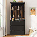Modern Armoire 2 in 1 wardrobe — Black 2 Door Fluted Glass Hanging Road with 3 Drawer Storage Wardrobe, 2 Part Glass Almirah Hanging Road with Srorage Drawer Almari.