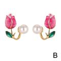 Pink Tulip Imitation Pearl Earrings Rose Color Flower Two Ways To Wear Ear Studs for Girls Daily Wear Women Ear Piercings Gifts. 