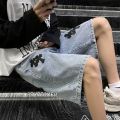 American cross-print denim shorts men's summer thin Hong Kong style loose trousers trendy brand retro casual mid-pants y2k tops.
