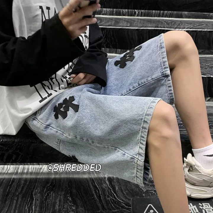 American%20cross-print%20denim%20shorts%20men's%20summer%20thin%20Hong%20Kong%20style%20loose%20trousers%20trendy%20brand%20retro%20casual%20mid-pants%20y2k%20tops%20-%20Image%204