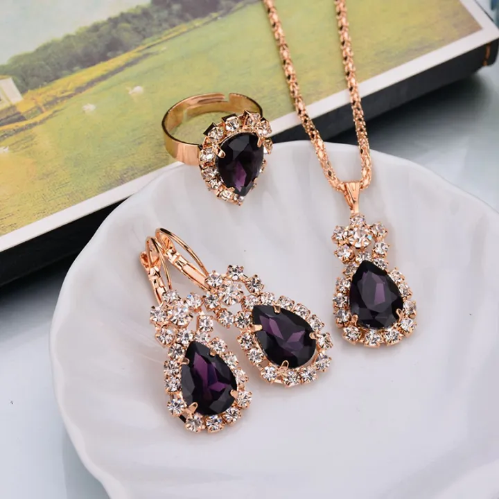6%20Colors%20Necklace/Earrings/Rings%20Jewelry%20Sets%20Hoop%20Earrings%20Water%20Drop%20Earrings%20Red%20Jewelry%20Set%20Rhinestones%20For%20Women%20-%20Image%203