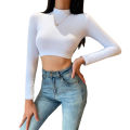 Women Sexy Backless Crop Tops, High Neck Long Sleeve Solid Color Tie Up Back Slim Shirts. 