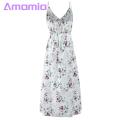 Amamia Party Dress Deep V Neck Floral Print Waist Tight Slit Hem Dress. 